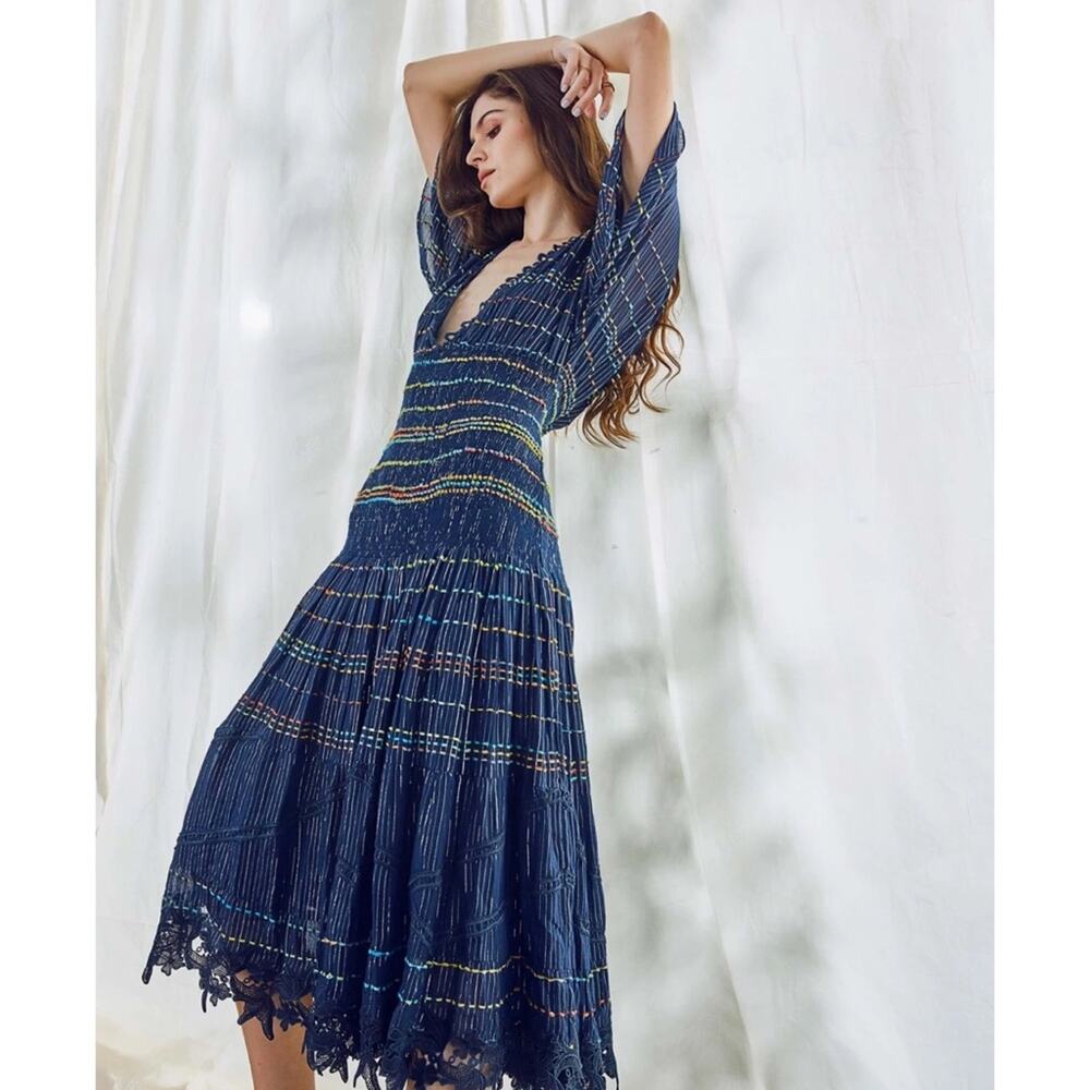 Runs Large, Hemant & Nandita Thea V Neck Smocked Gauze Midi Dress Blue